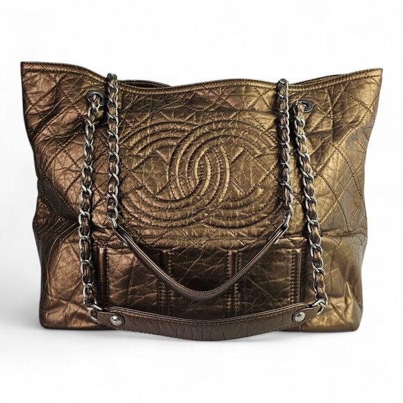 CHANEL Moscow Metallic Bronze Aged Leather Chain Tote Shoulder Bag Large CC - Picture 1 of 16